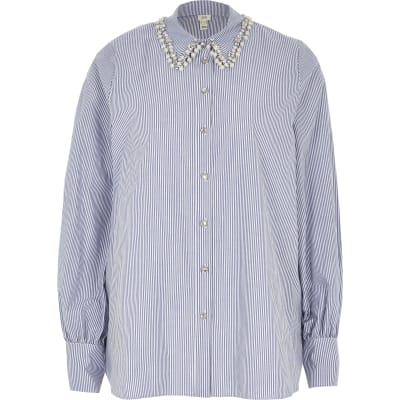 Blue stripe embellished collar shirt