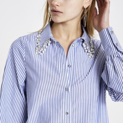 Blue stripe embellished collar shirt