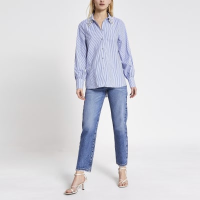 Blue stripe embellished collar shirt