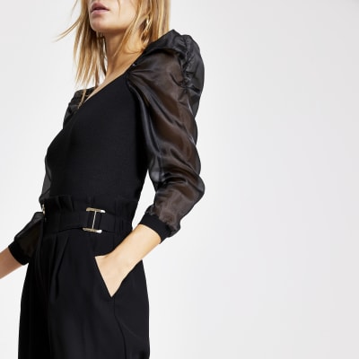 Black high buckle wasited peg leg trousers