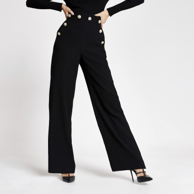 Black button high waist wide leg trousers