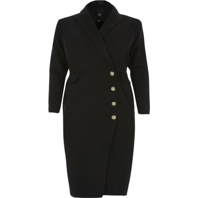 Plus black button front blazer midi dress
