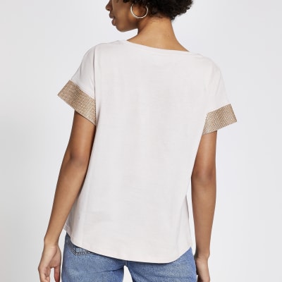 Beige embellished sleeve T-shirt