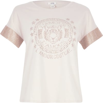Beige embellished sleeve T-shirt