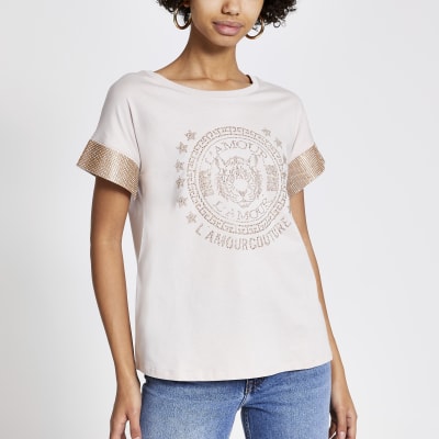 Beige embellished sleeve T-shirt