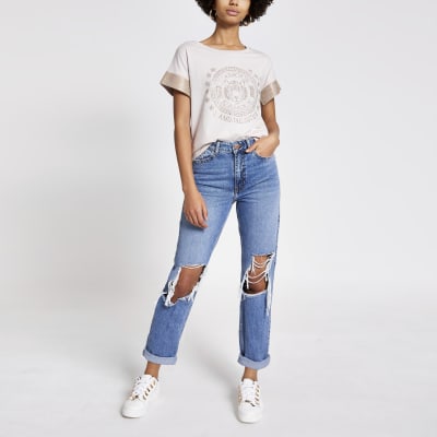 Beige embellished sleeve T-shirt