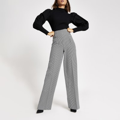 Black dogtooth check wide leg trousers