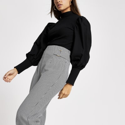 Black dogtooth check wide leg trousers