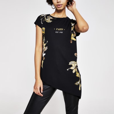 T-shirt asymétrique noir imprimé cachemire