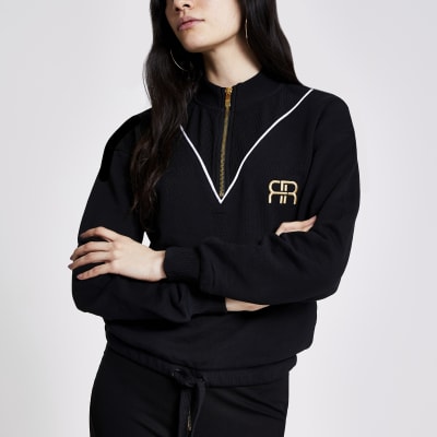 Schwarzes RR-Sweatshirt im Rippenstrick mit kurzem Reißverschluss