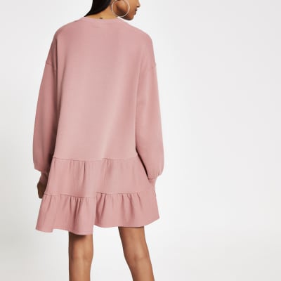 Pink long sleeve mini smock sweatshirt dress