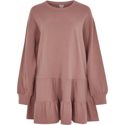 Pink long sleeve mini smock sweatshirt dress