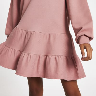 Pink long sleeve mini smock sweatshirt dress