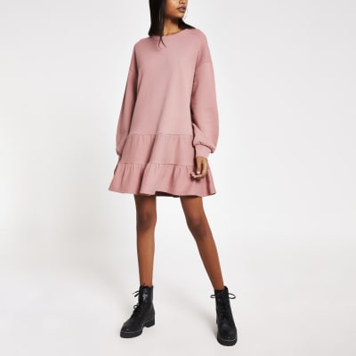 Pink long sleeve mini smock sweatshirt dress