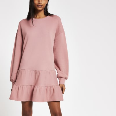 Pink long sleeve mini smock sweatshirt dress
