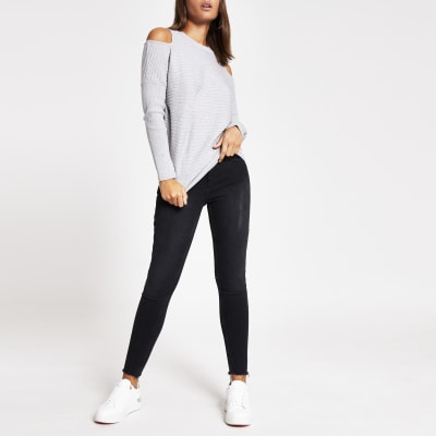 Grey cold shoulder rib knitted jumper