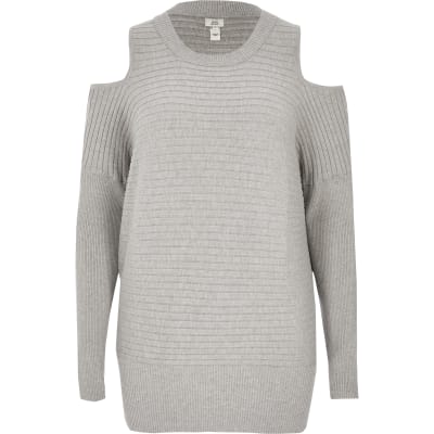 Grey cold shoulder rib knitted jumper