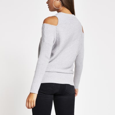 Grey cold shoulder rib knitted jumper