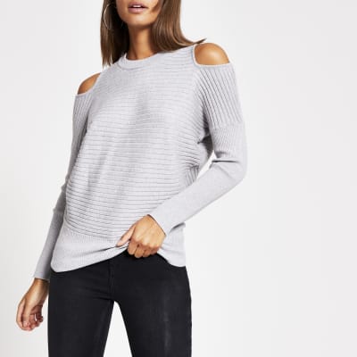 Grey cold shoulder rib knitted jumper
