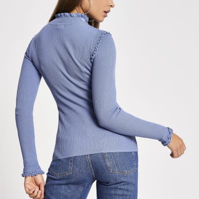 Blue embroidered turtle neck frill top