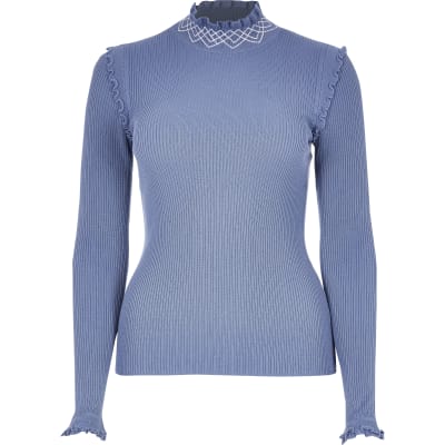 Blue embroidered turtle neck frill top