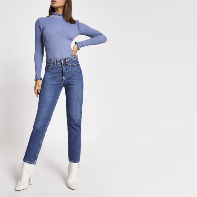 Blue embroidered turtle neck frill top