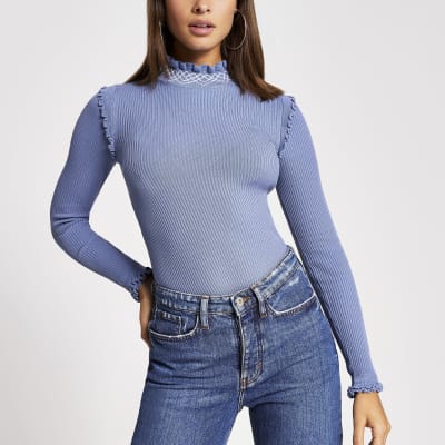 Blue embroidered turtle neck frill top