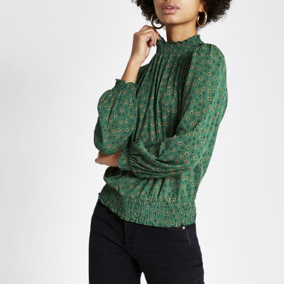 Green printed shirred high neck top