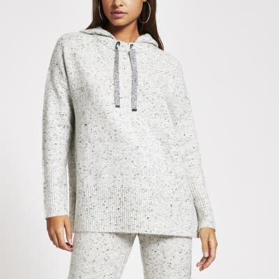 Sweat à capuche en maille gris moucheté à manches longues