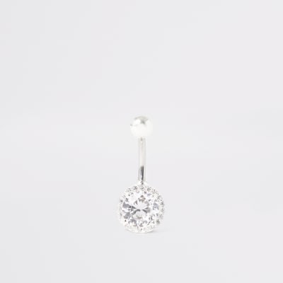 Zilverkleurige navelpiercing met siersteentjes