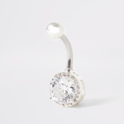 Silver circle diamante belly bar