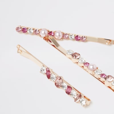 Rose gold jewel embellish hair slides 3 pack