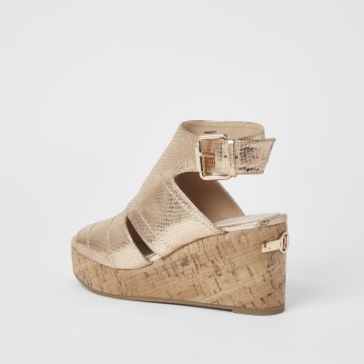 Rose gold metallic open toe wedge sandals