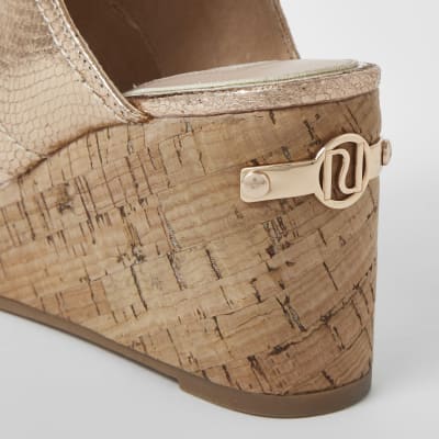 Rose gold metallic open toe wedge sandals