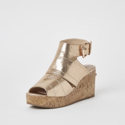 Rose gold metallic open toe wedge sandals