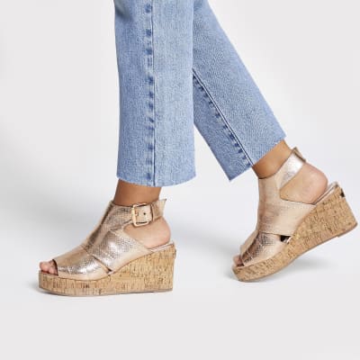 Rose gold metallic open toe wedge sandals