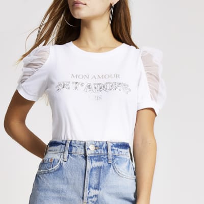 Petite white printed mesh sleeve T-shirt