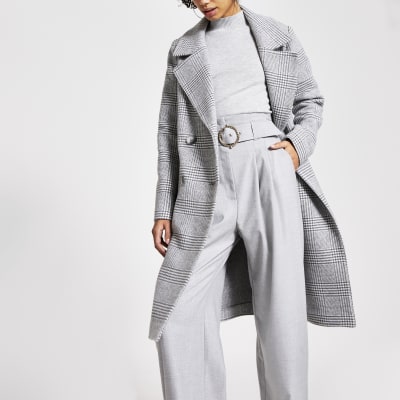 Manteau long croisé gris à carreaux 