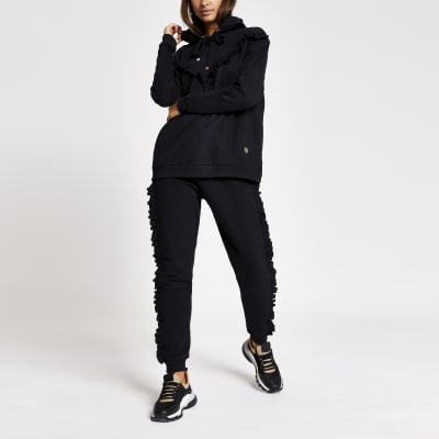 Black frill front ribbed joggers