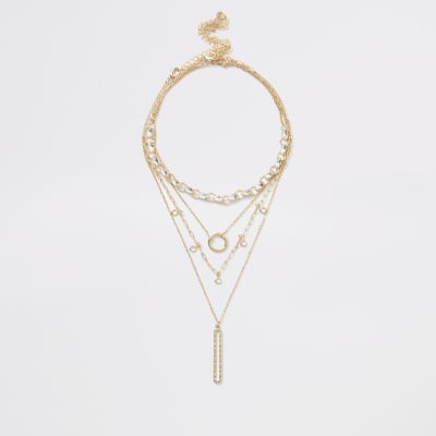 Goudkleurige gelaagde hanger ketting met siersteentjes ovaal