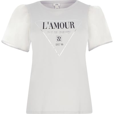Grey printed organza diamante sleeve T-shirt