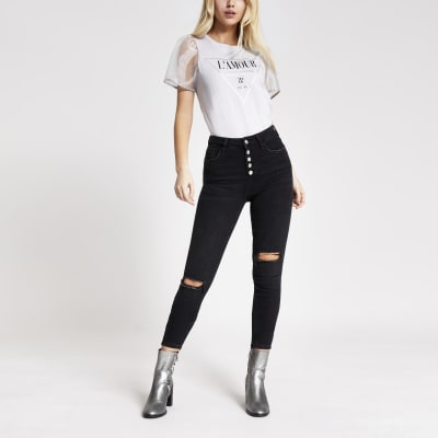 Grey printed organza diamante sleeve T-shirt