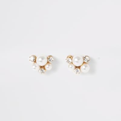 Gold tone pearl and diamante stud earrings