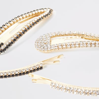 Gold diamante embellished hair clip 4 pack
