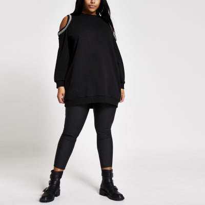 Plus black embellish cold shoulder sweatshirt