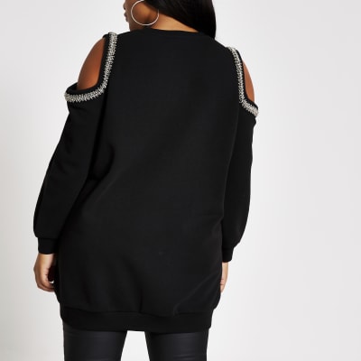Plus black embellish cold shoulder sweatshirt
