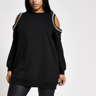 Plus black embellish cold shoulder sweatshirt