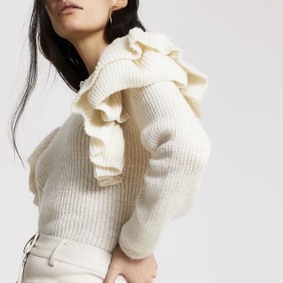 Cream frill long sleeve knitted jumper