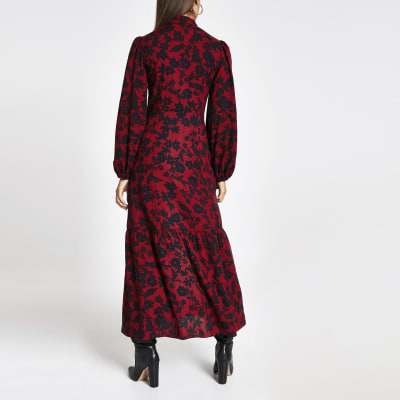 Red floral print tie V neck midi dress