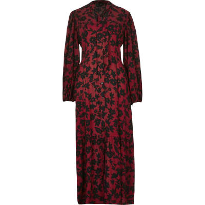 Red floral print tie V neck midi dress